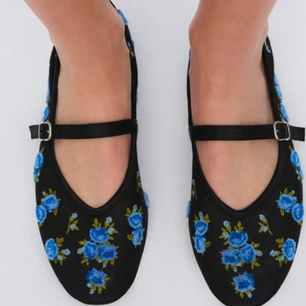 For Love & Lemons Evelyne Embroidered Ballet Flats Floral Mary Janes sz 40